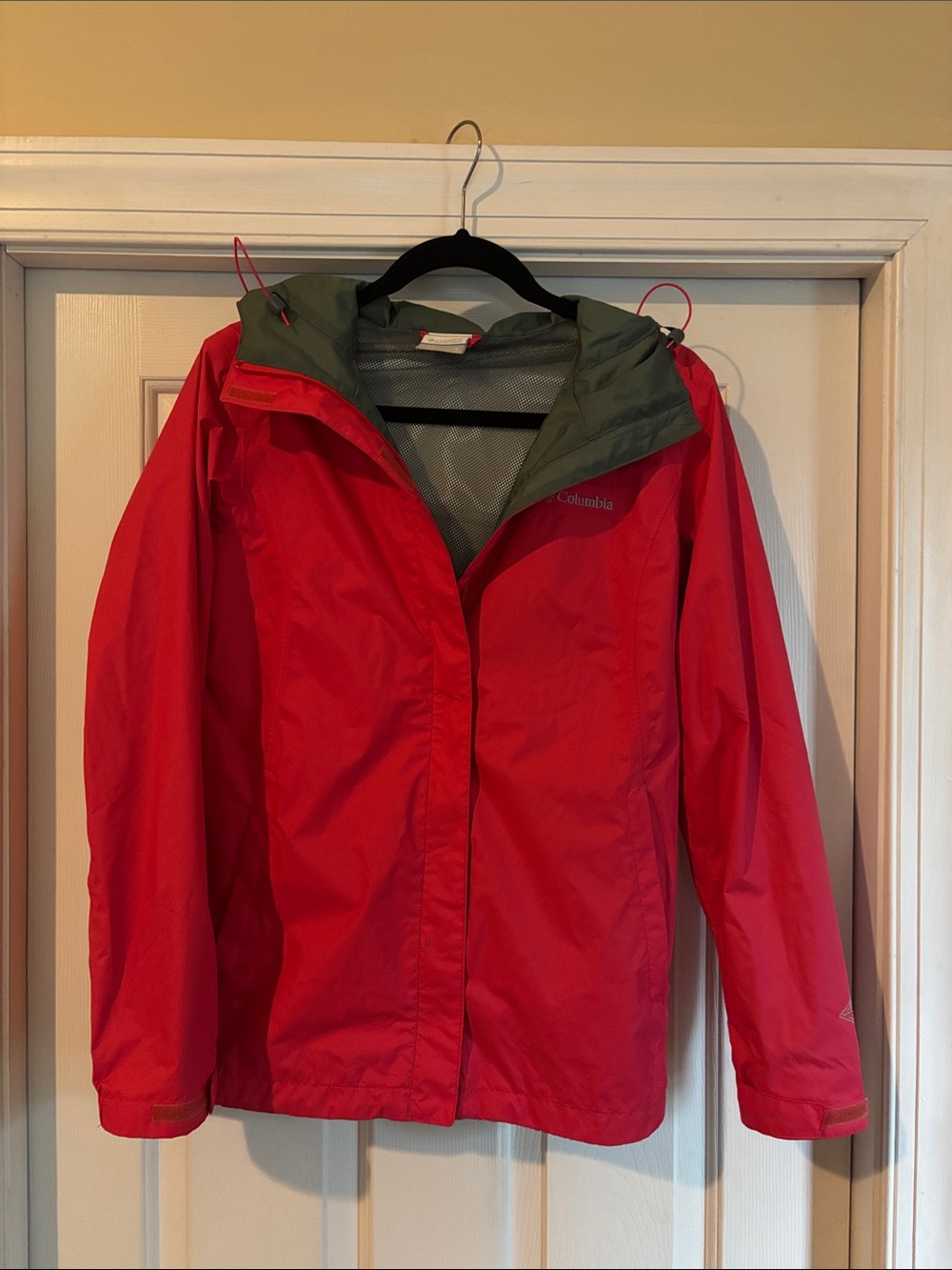 Columbia Red Utility Jacket with Olive Green Hood Lining
